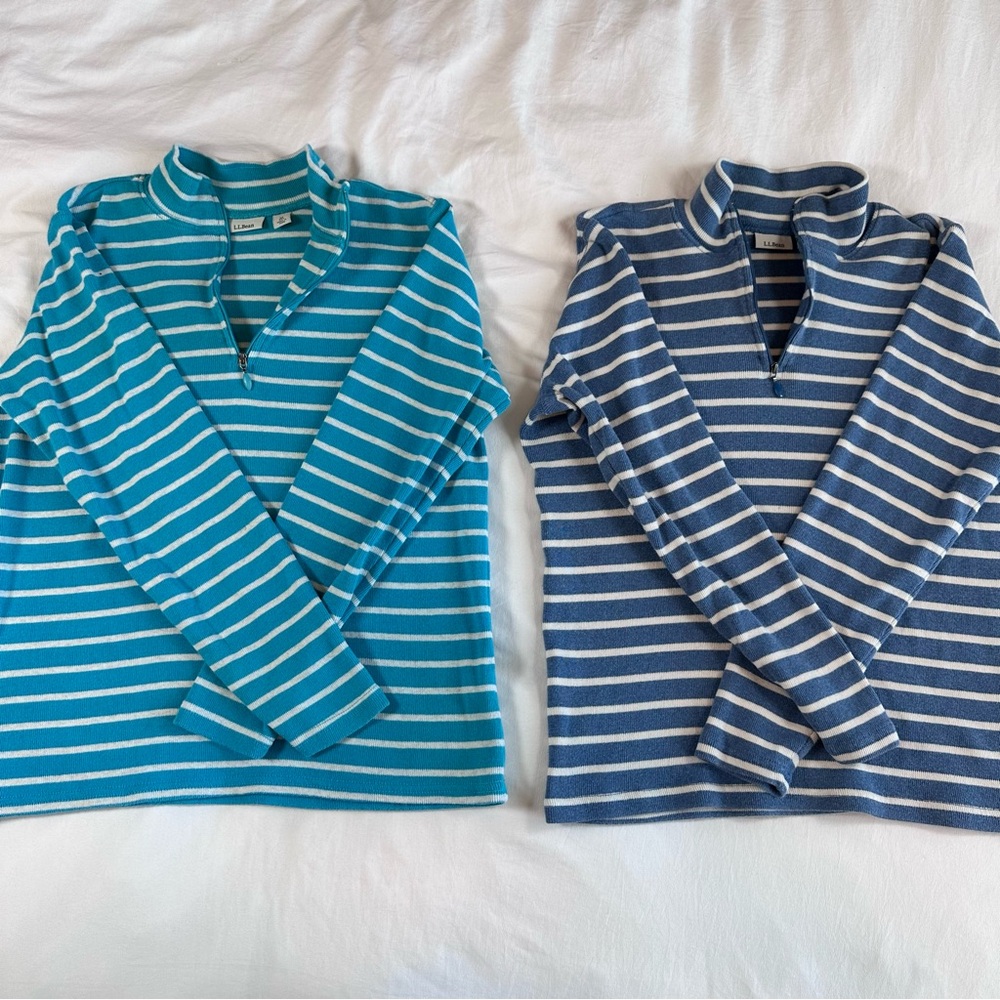 L.L. Bean 100% Cotton Teal/Blue and White 1/4 Zip Stripped Pullovers SizeMedium